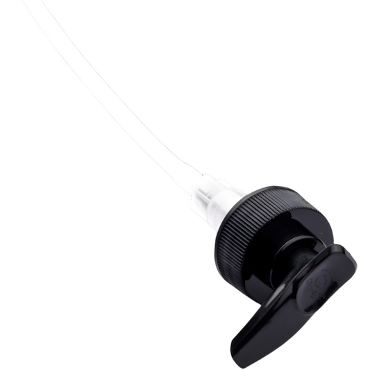 A black ribbed pump with a black actuator, designed for use with glass bottles.