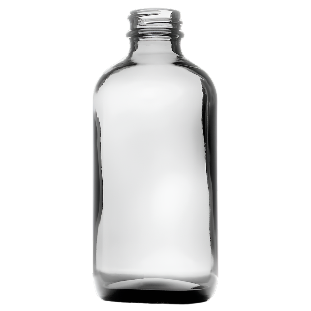 A clear glass bottle with a black pump, designed to hold liquids, with a neck size suitable for 28mm lids.